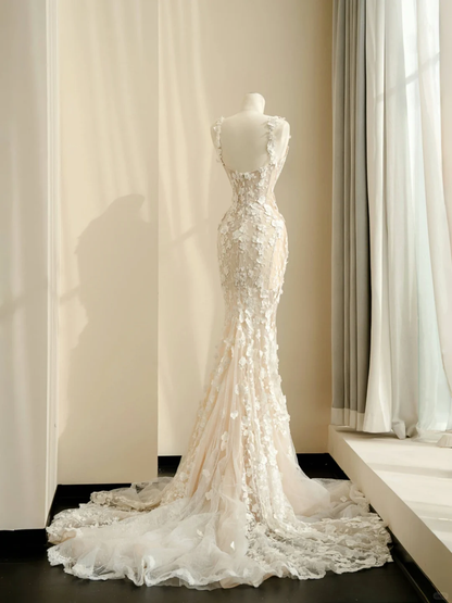 Romantic Mermaid Spaghetti Straps Appliques White Tulle Prom Dress Graduation Prom Dress DP2105