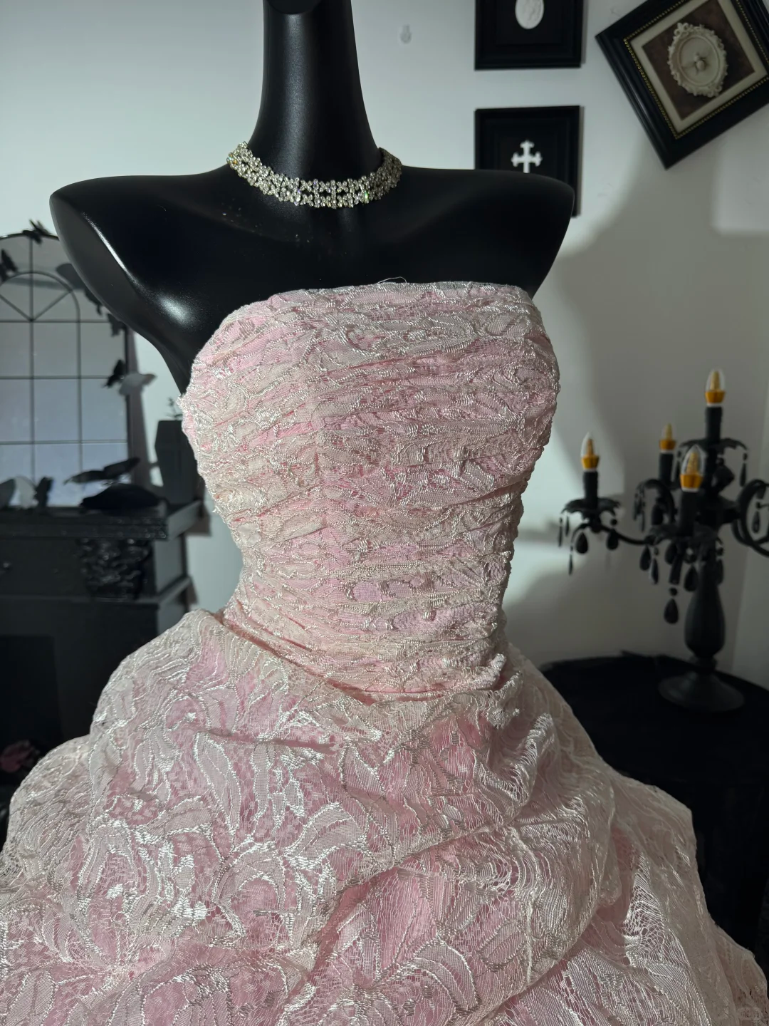 Sweety Pink A Line Strapless Pleated Lace Prom Dress Evening Dress DP6979