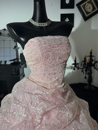 Sweety Pink A Line Strapless Pleated Lace Prom Dress Evening Dress DP6979