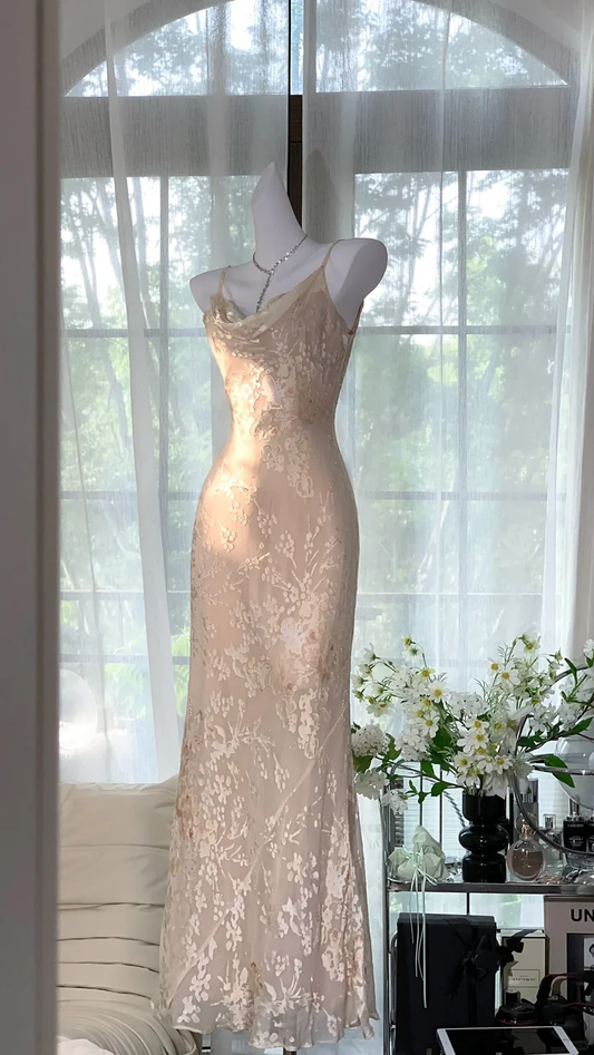 Simple Apricot Print Flower Mermaid Satin Prom Dress Date Dress Evening Dress DP2909