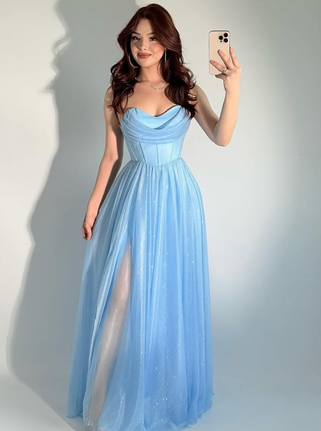 Elegant Blue A Line Spaghetti Strap Organza Long Prom Dress Wedding Guest Dress DP4076