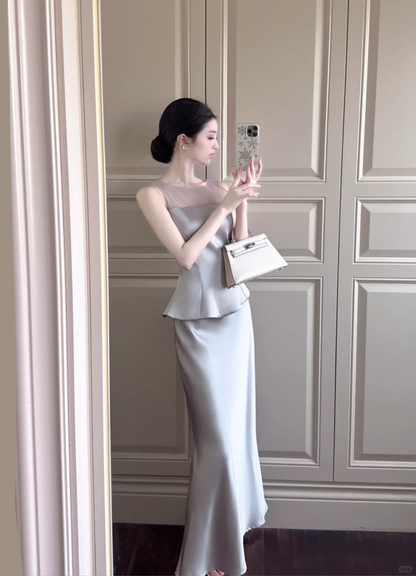 Grey Two Piece Mermaid Round Neck Satin Long Prom Dress Outfits DP4612