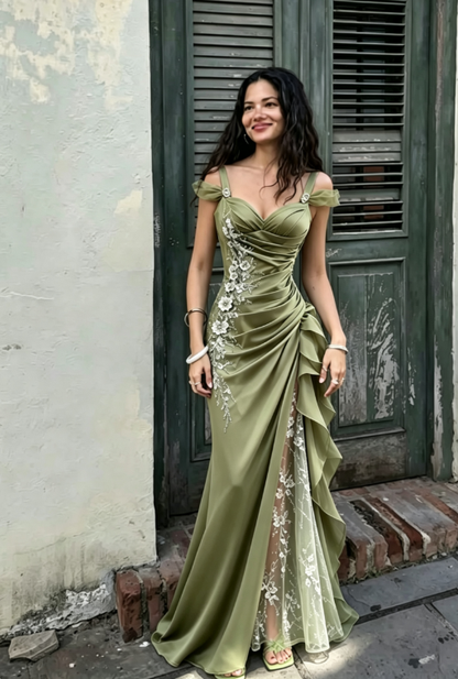 Olive Green 3D Floral Mermaid Beaded Tulle Satin Prom Dress Evening Dress DP6871