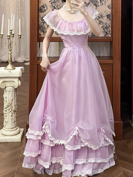 Vintage Lilac A Line Round Neck White Lace Chiffon Long Prom Dress Evening Dress DP5614