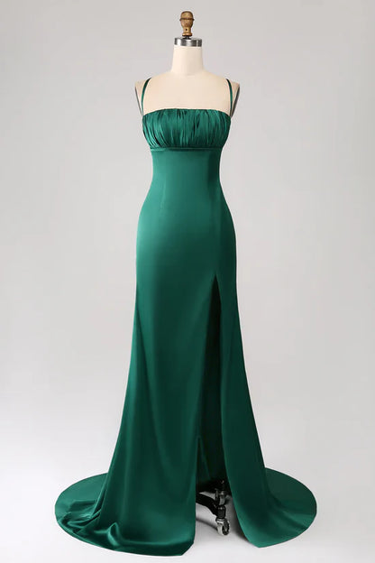Vintage Mermaid Spaghetti Straps Satin Prom Dress With Split DP780