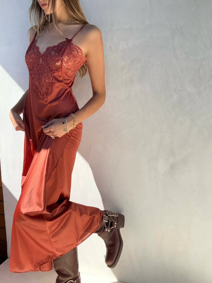 Brick Red A Line Spaghetti Strap Lace Satin Long Prom Dress Wedding Guest Dress DP3742