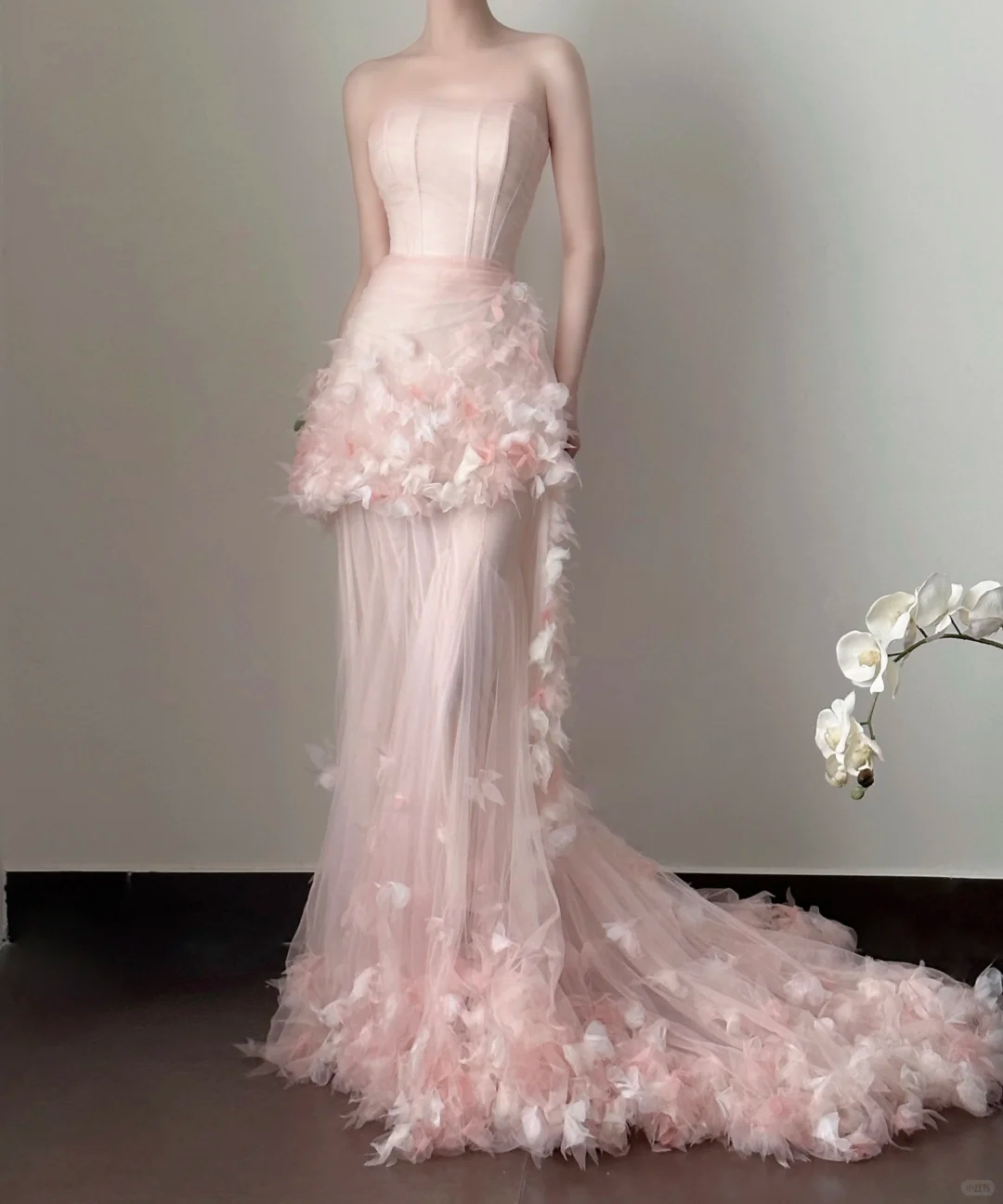 Dreamy Pink Mermaid Strapless Floral Tulle Prom Dress Formal Dress Party Dress DP3446