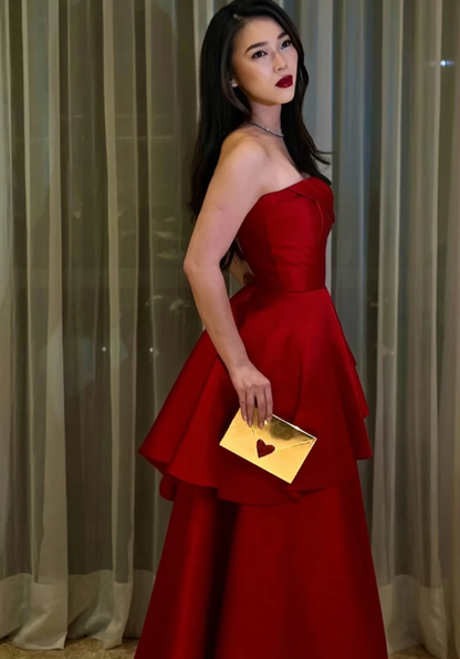 Chamring A Line Strapless Red Satin Long Prom Dress Evening Dress DP6926