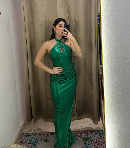 Charming Sheath Halter Green Satin Open Back Long Prom Dress Evening Dress DP1735