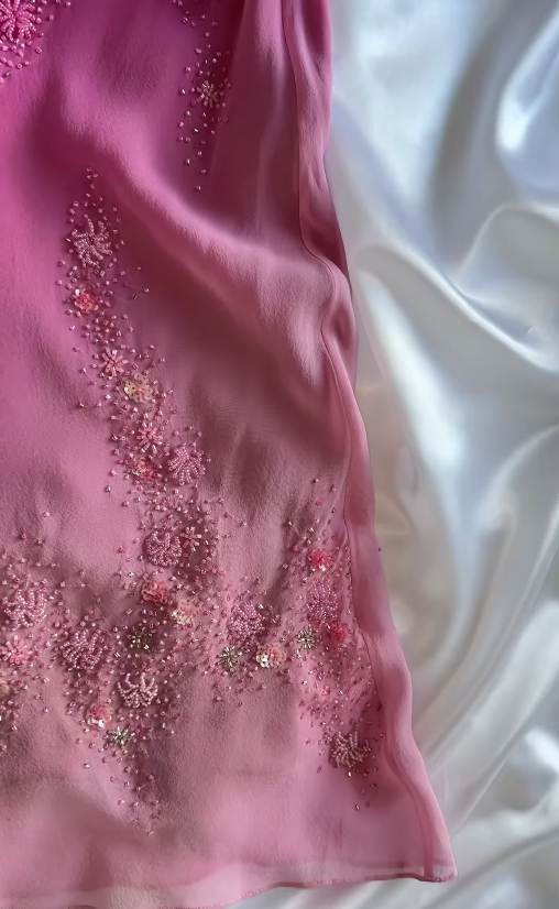 Vintage Elegant Pink Ombre A Line Straps Beaded Chiffon Prom Dress DP5074