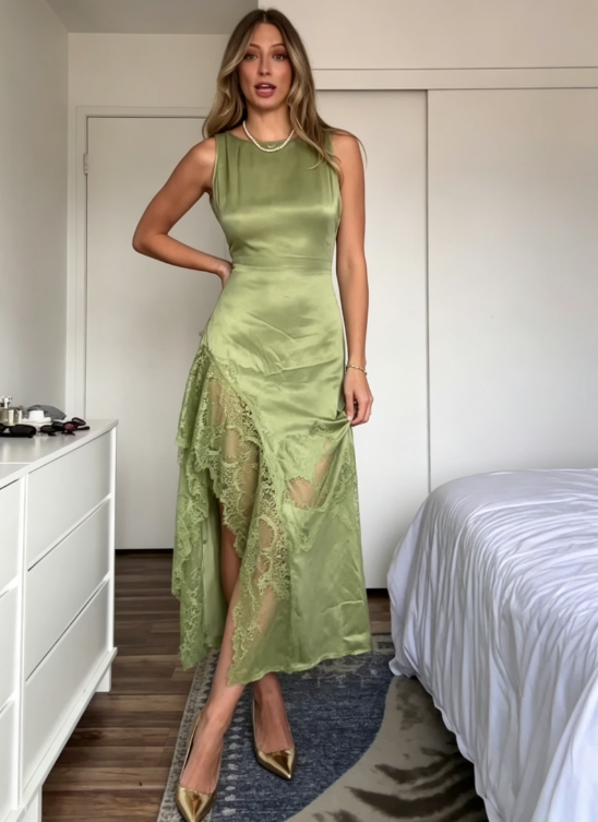 Simple Green A Line Round Neck Lace Satin Prom Dress Graduation Prom Dress DP6655
