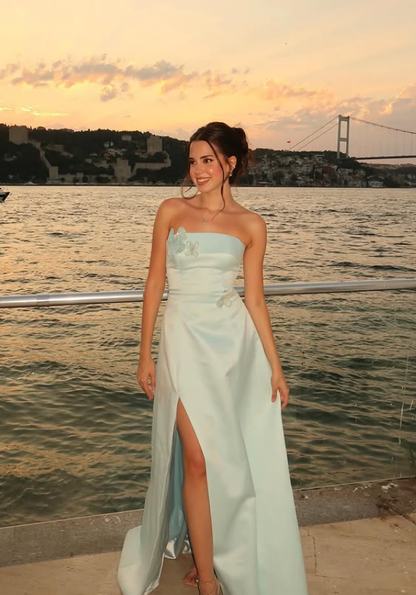 Elegant A Line Strapless Blue Satin Prom Dress Evening Dress with Slit DP5912