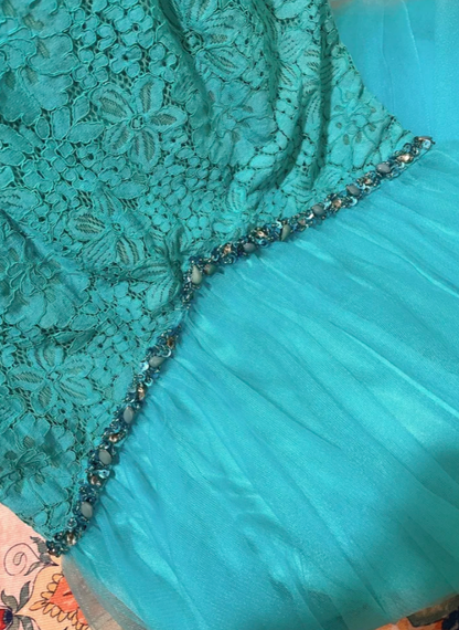 Vintage Mermaid Spaghetti Strap Beaded Blue Lace Tulle Prom Dress Wedding Guest Dress DP4278