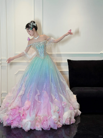 Dreamy Multi-Color Ball Gown Off the Shoulder Sequin Tulle Prom Dress DP4292