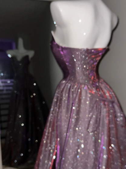 Dazzling A Line Sweetheart Neck Purple Sequin Prom Dress Party Evening Dress DP5342