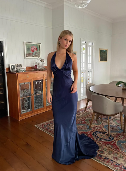 Navy Blue Sheath V Neck Satin Open Back Long Sweep Prom Dress Graduation Prom Dress DP2166