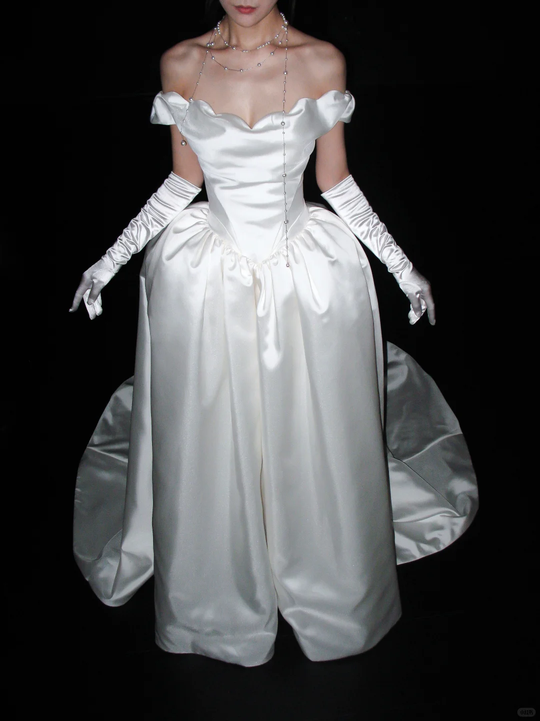 Chic Ball Gown Off the Shoulder White Satin Long Train Wedding Dress DP8100