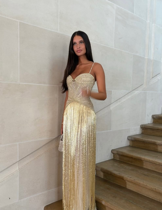 Charming A Line Spaghetti Straps Tassel Golden Beaded Satin Long Prom Dress DP4924