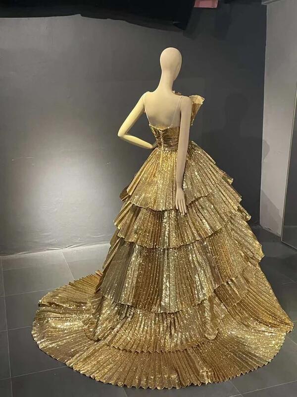 Luxurious Gold Pleated Irregular Neck Layered Prom Dress Quinceañera Party Dress DP280