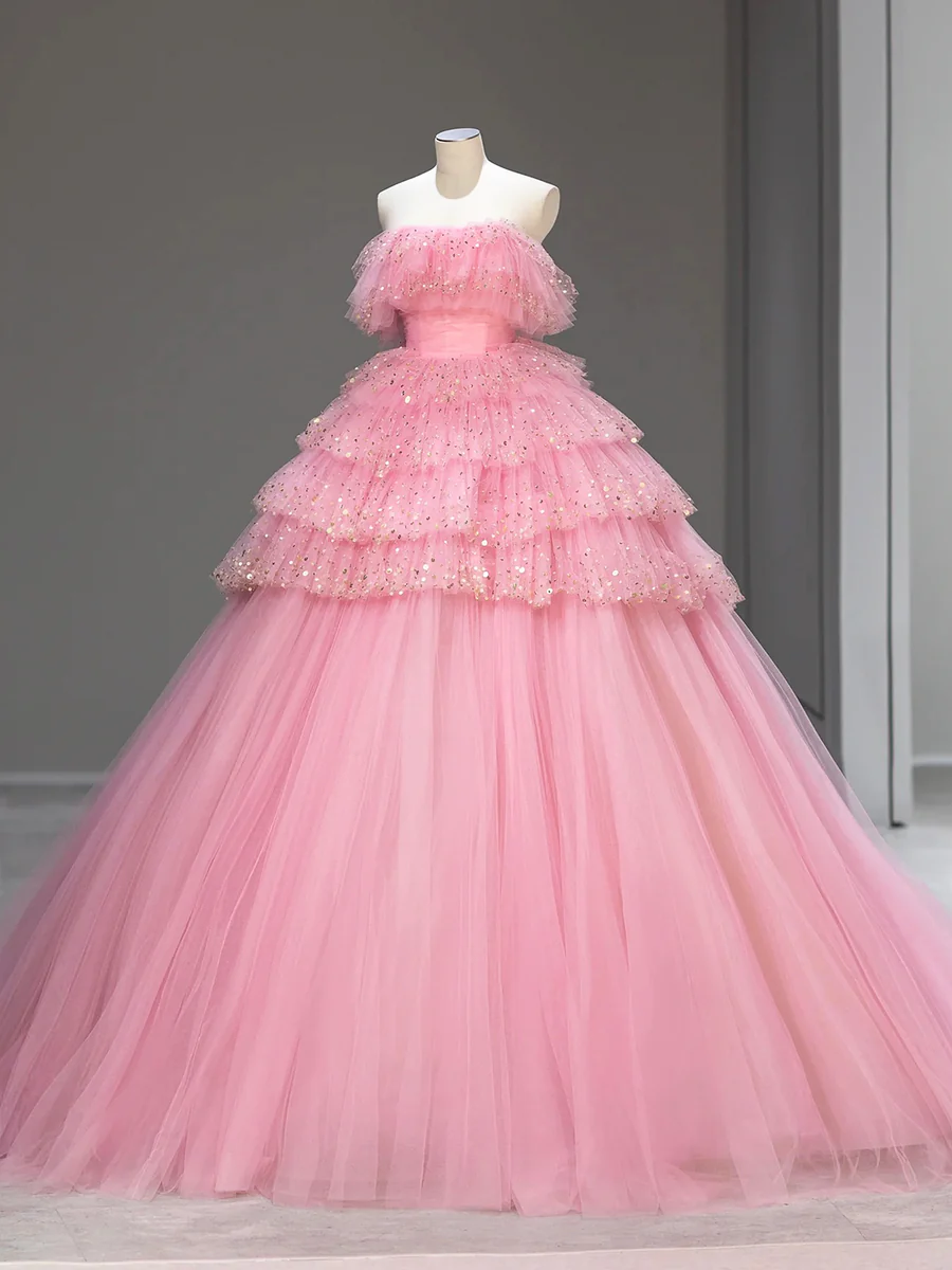 Pink Strapless Tulle Sequins Wedding Dress Beautiful Princess Dress Sweet 16 Dress DP324