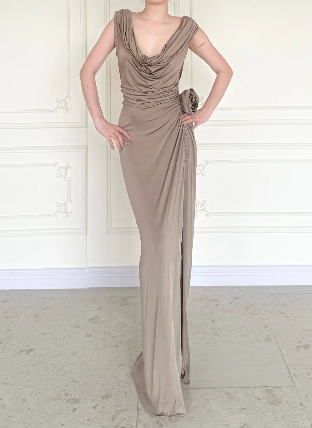 Simple Brown Vintage Sheath Straps Satin Long Prom Dress DP5069