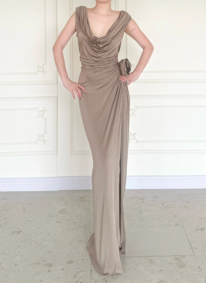 Simple Brown Vintage Sheath Straps Satin Long Prom Dress DP5069