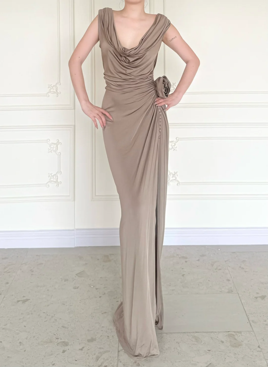 Simple Brown Vintage Sheath Straps Satin Long Prom Dress DP5069
