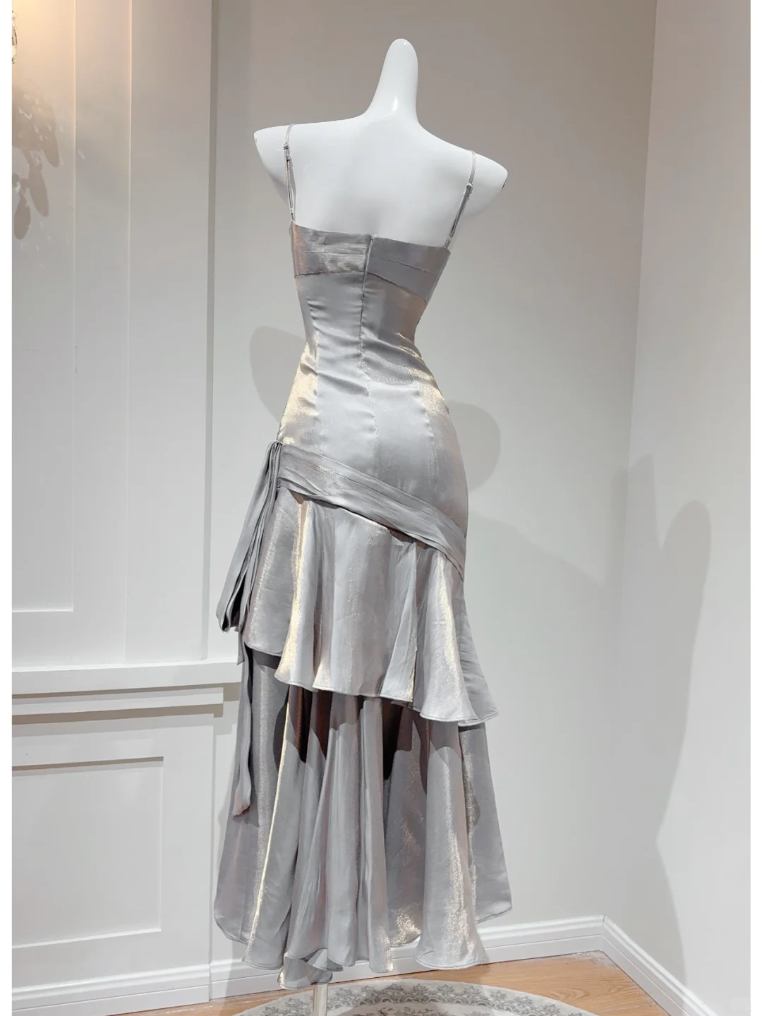 Grey Gold Mermaid Spaghetti Strap Layered Satin Party Dress Wedding Guest Dress DP2588