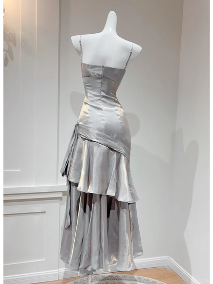 Grey Gold Mermaid Spaghetti Strap Layered Satin Party Dress Wedding Guest Dress DP2588