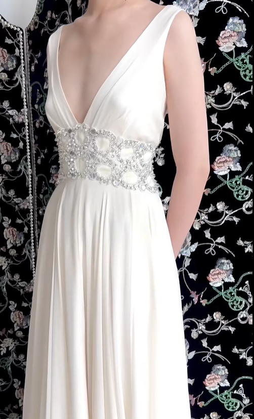 Gentle White A Line V Neck Beaded Chiffon Long Prom Dress Evening Dress DP5148