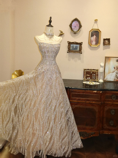 Shiny A Line Strapless Champagne Sequin Tulle Long Prom Dress Evening Dress DP6992