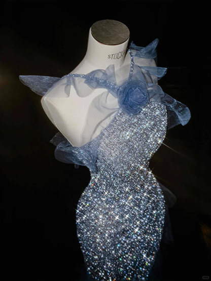 Elegant Mermaid Halter Blue Ruffle Sequin Prom Dress Party Dress DP2687