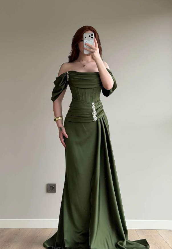 Elegant Olive Green A Line Off the Shoulder Satin Prom Dress Date Dress DP5089