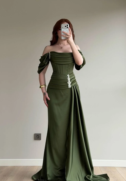 Elegant Olive Green A Line Off the Shoulder Satin Prom Dress Date Dress DP5089