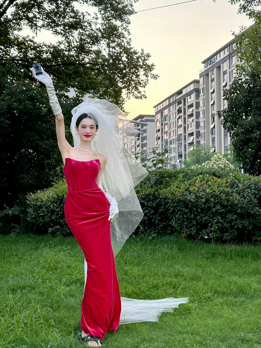 Hot Pink Sheath Strapless Corset Velvet Long Prom Dress Evening Dress DP1953