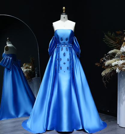 Elegant A Line Off the Shoulder Beaded Blue Satin Long Prom Dress Evening Dress DP1918