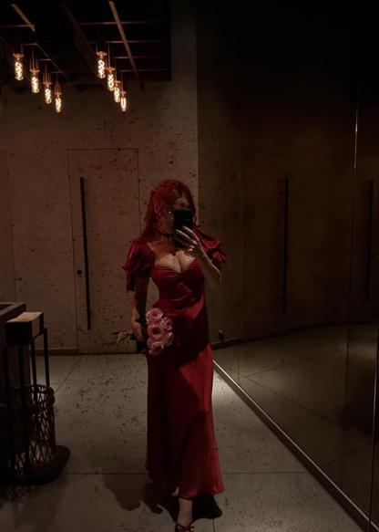 Burgundy A Line Puff V Neck Satin Long Prom Dress Date Dress DP4426