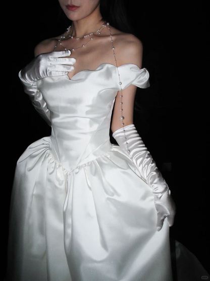 Chic Ball Gown Off the Shoulder White Satin Long Train Wedding Dress DP8100