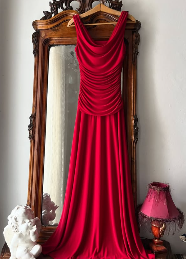 Simple Red A Line Pleated Satin Prom Dress Evening Dress Date Dress DP5709