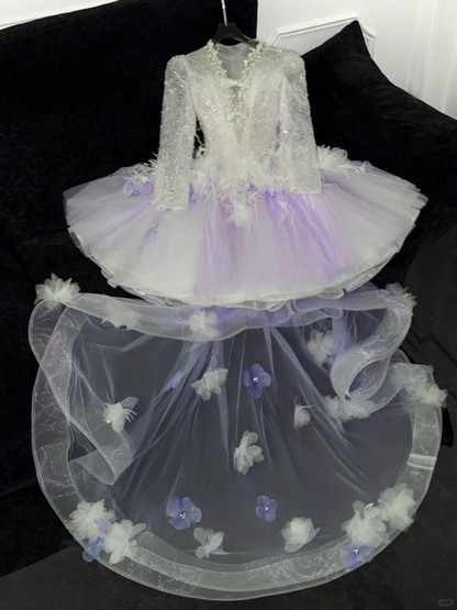 Gorgeous A Line Long Sleeve Beaded Purple Tulle Short Homecoming Dress Cocktail Dress DP2665