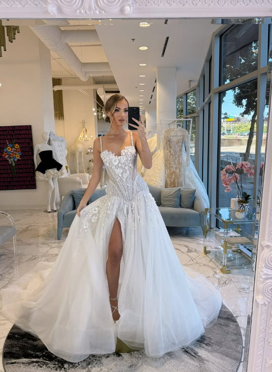 Luxurious Ball Gown Spaghetti Strap Beaded White Tulle Long Wedding Dress with Slit DP5840
