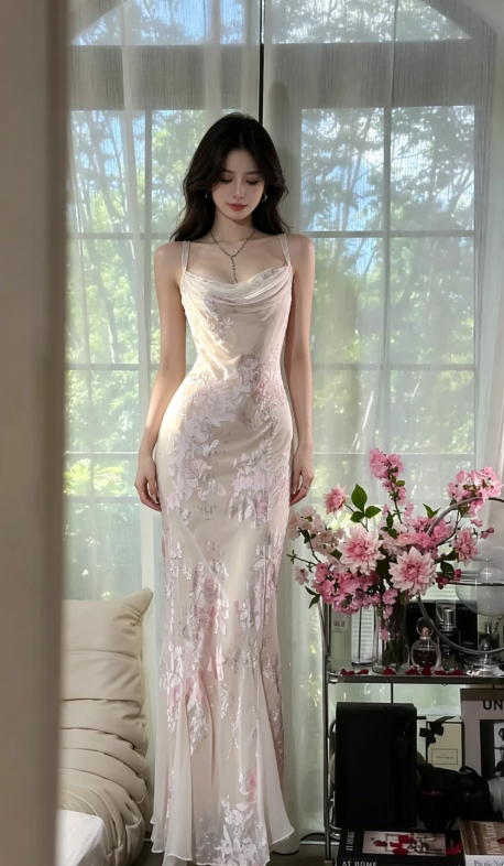 Beige Elegant Sheath Print Floral Chiffon Long Prom Dress Graduation Prom Dress DP4945