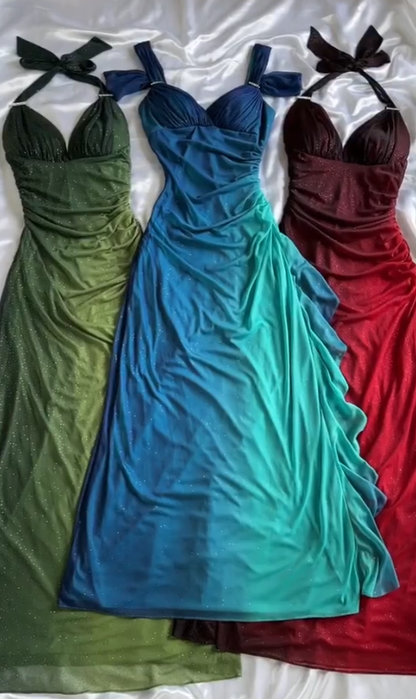 Vintage A Line Off the Shoulder Green-blue Ombre Chiffon Prom Dress DP5085