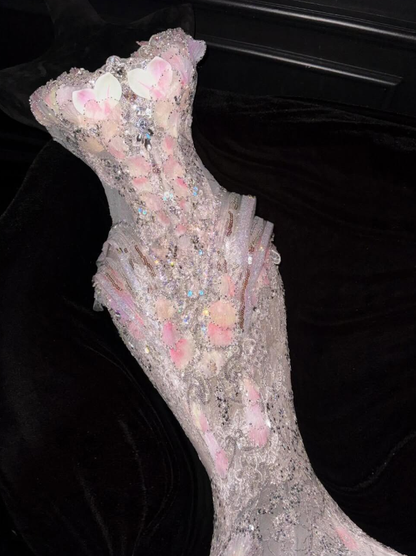 Stunning Pink Mermaid Strapless Exquisite Beaded Floral Tulle Prom Dress Evening Dress DP6620