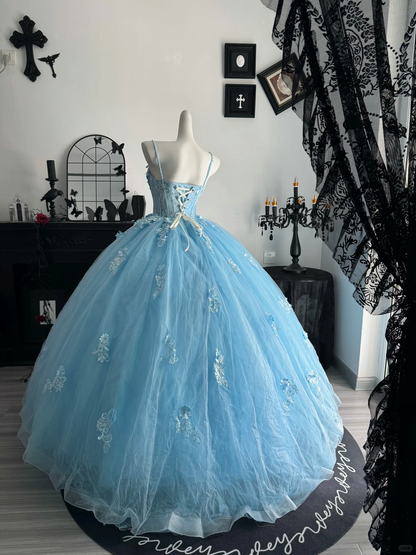 Baby Blue Ball Gown Spaghetti Strap Floral Tulle Prom Dress Quinceanera Dress DP6958