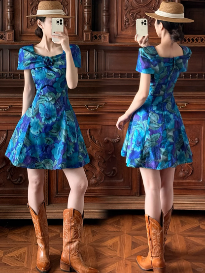 Vintage Elegant A Line Blue Print Floral Satin Short Prom Dress Homecoming Dress DP5328