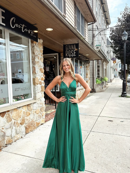 Charming A Line Halter Green Satin Open Back Prom Dress Evening Dress DP1854