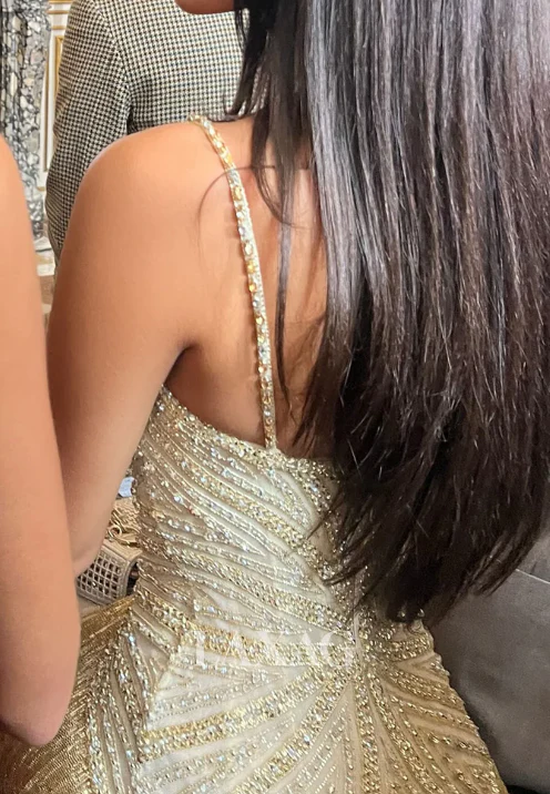 Gold A Line Spaghetti Straps Beaded Satin Long Prom Dress Evening Dress DP4807