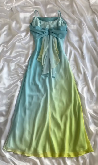 Vintage Blue Green Ombre A Line Straps Chiffon Long Prom Dress DP5083