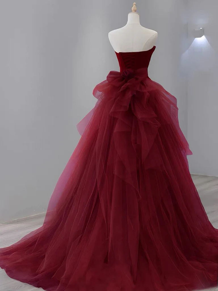 Strapless Mermaid Tulle Velvet Burgundy Long Prom Dress Evening Dress DP428